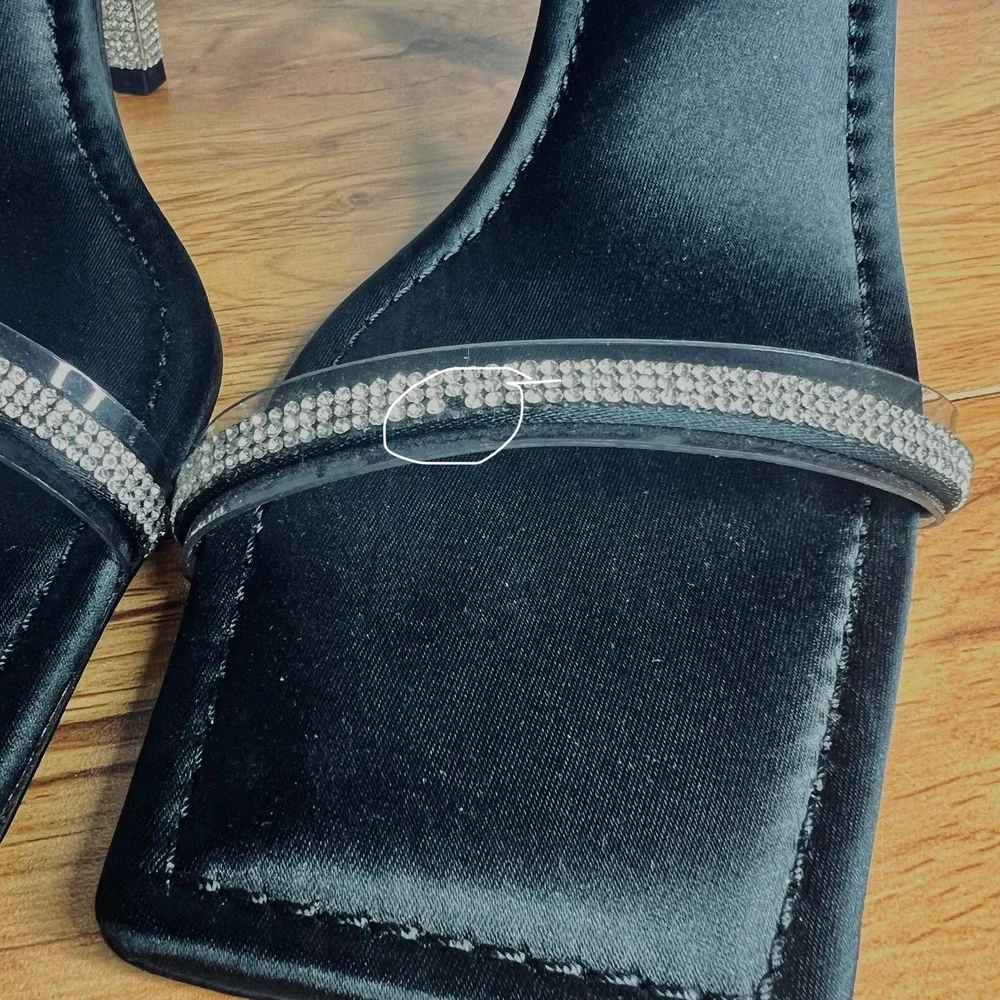 Good American Rhinestone Square Toe Heel Sandal Size 10 Black Glam Stiletto